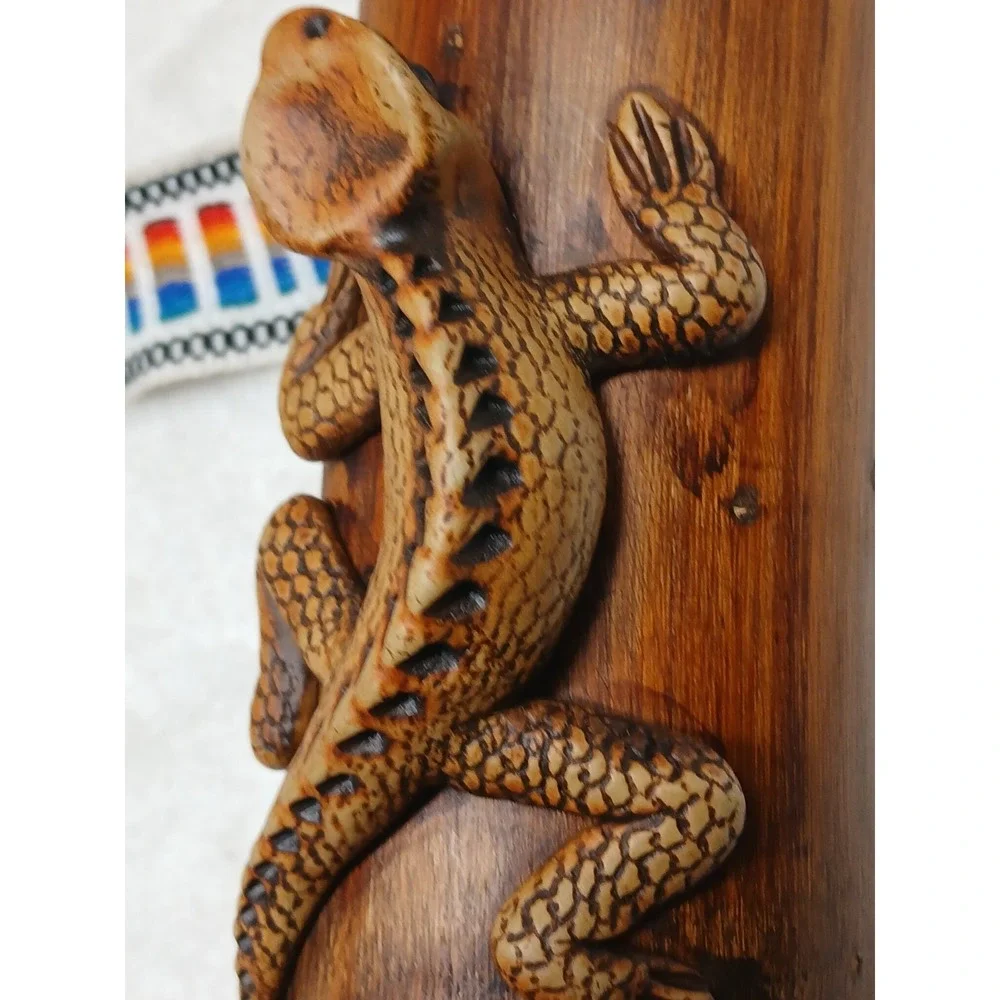 Vintage Hand Carved Bamboo‎ Galapagos Lizard Rainstick Shaker Woven Strap